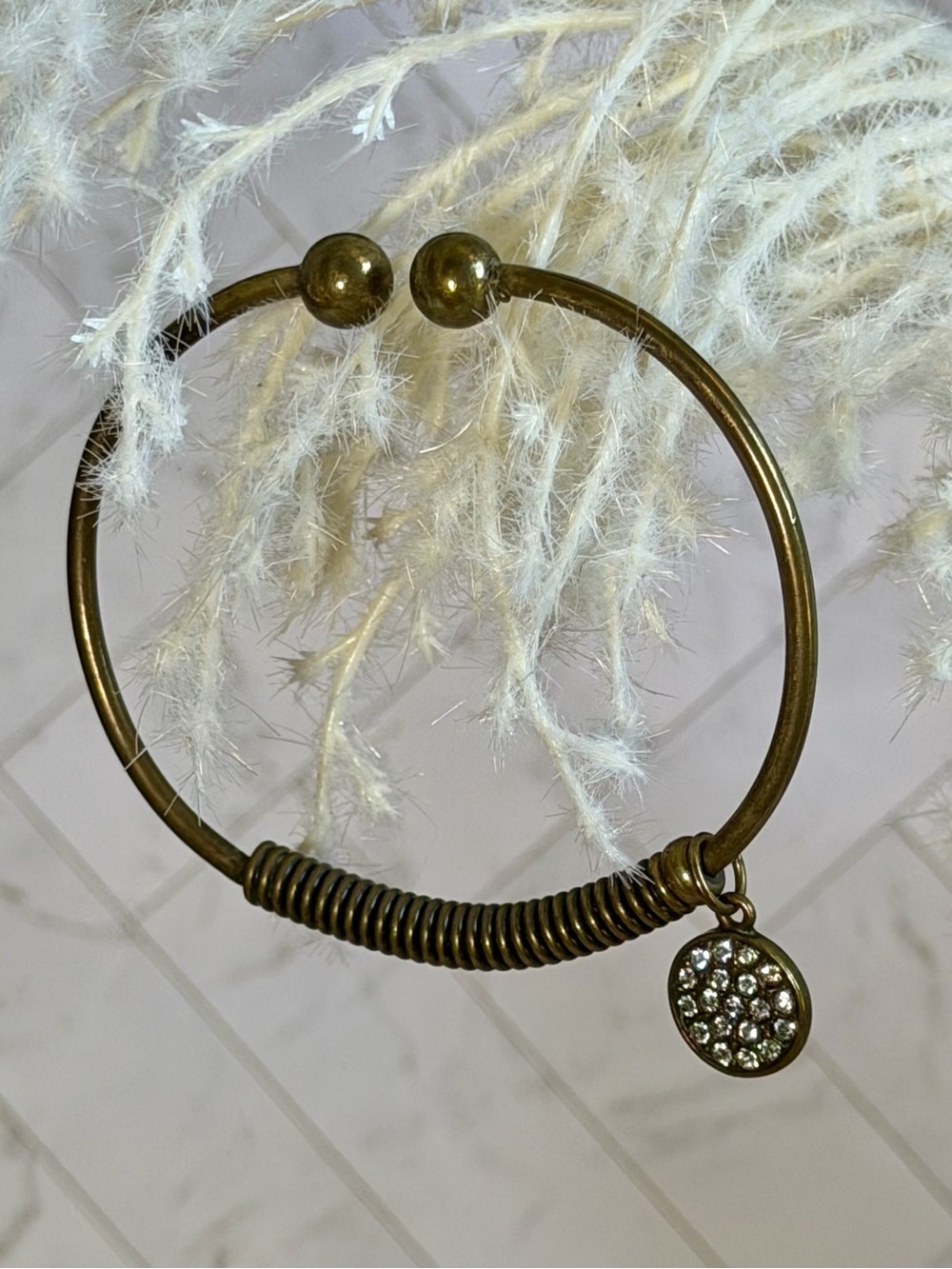 Antique Brass Tone Rhinestone Charm Open Cuff Bracelet